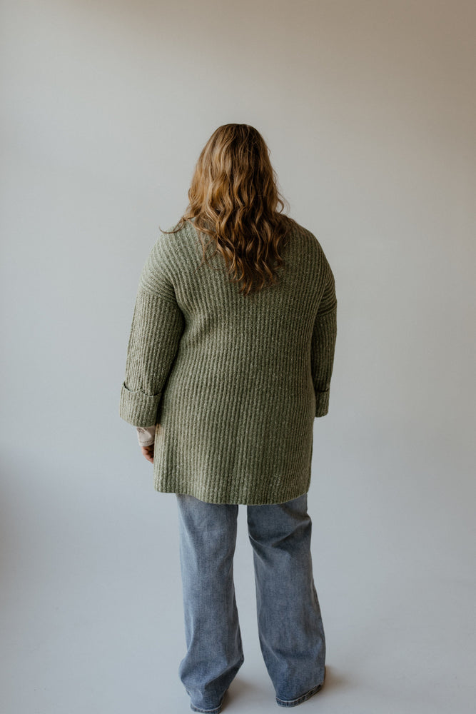 CUFFED AND BELTED CARDIGAN IN FROSTED MOSS