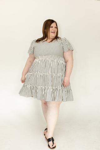 Charcoal Stripe Smocked Waist Tiered Flutter Dress