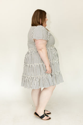 Charcoal Stripe Smocked Waist Tiered Flutter Dress