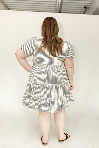 Charcoal Stripe Smocked Waist Tiered Flutter Dress