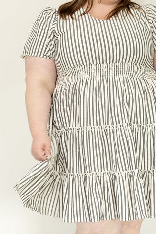 Charcoal Stripe Smocked Waist Tiered Flutter Dress