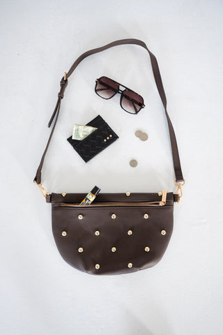 Chic Gold Studded Bum Bag – Dark Brown
