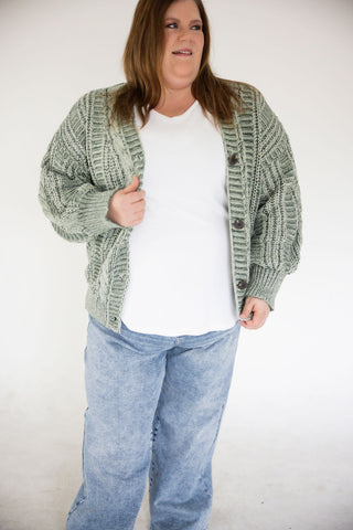 Chunky Cable Cardigan – Olive | Hunter Mix