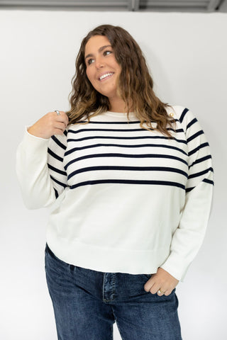 Classic Breton Stripe Button Shoulder Sweater – Navy & Ivory