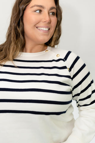 Classic Breton Stripe Button Shoulder Sweater – Navy & Ivory