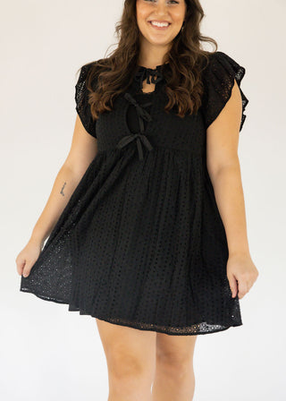 Cotton Eyelet Flutter Sleeve Dress – Black