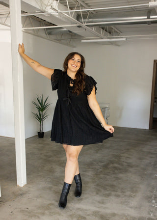 Cotton Eyelet Flutter Sleeve Dress – Black