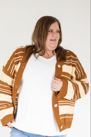 Cozy Cable Knit Button-Down Cardigan – Caramel & Cream Stripe