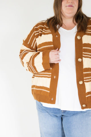 Cozy Cable Knit Button-Down Cardigan – Caramel & Cream Stripe