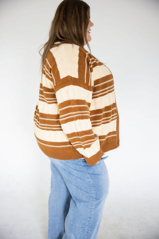 Cozy Cable Knit Button-Down Cardigan – Caramel & Cream Stripe