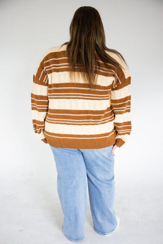Cozy Cable Knit Button-Down Cardigan – Caramel & Cream Stripe