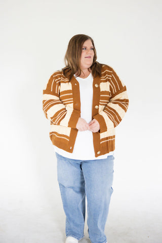 Cozy Cable Knit Button-Down Cardigan – Caramel & Cream Stripe