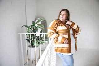 Cozy Cable Knit Button-Down Cardigan – Caramel & Cream Stripe