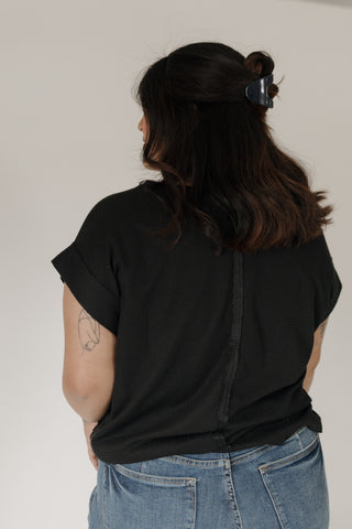 Crew Neck Thermal Dolman Tee with Front Pocket – Black