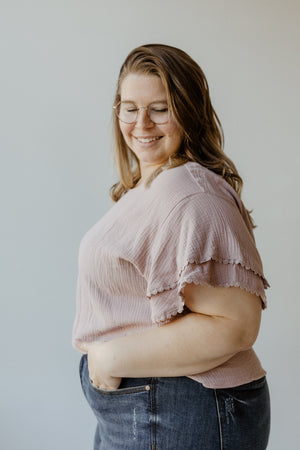 DOLMAN SLEEVE BLOUSE WITH RUFFLES AND LACE TRIM IN FROSTED ROSE PETALS