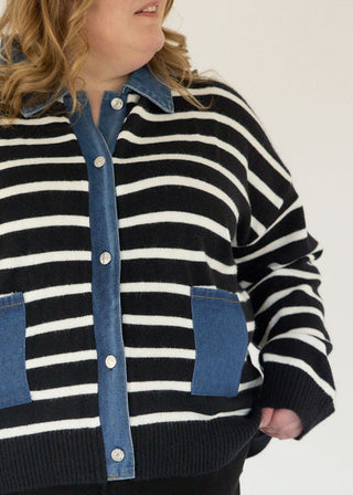 Denim Button Down Stripe Sweater Cardigan – Black