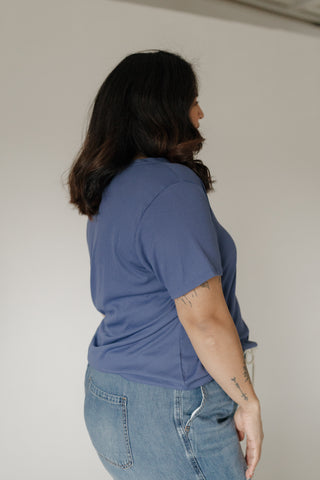 Denim Blue Double Button Ribbed V-Neck Boyfriend Tee