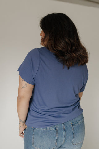 Denim Blue Double Button Ribbed V-Neck Boyfriend Tee