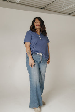 Denim Blue Double Button Ribbed V-Neck Boyfriend Tee