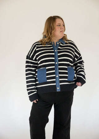 Denim Button Down Stripe Sweater Cardigan – Black