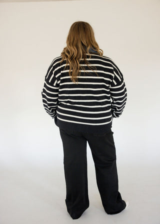 Denim Button Down Stripe Sweater Cardigan – Black