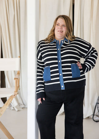 Denim Button Down Stripe Sweater Cardigan – Black