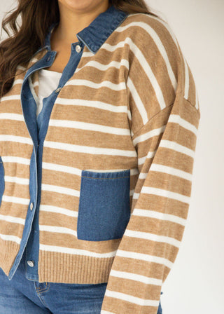 Denim Button Down Stripe Sweater Cardigan – Taupe