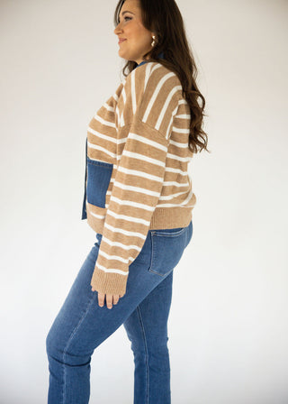 Denim Button Down Stripe Sweater Cardigan – Taupe