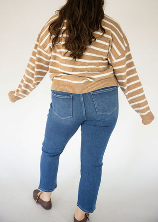 Denim Button Down Stripe Sweater Cardigan – Taupe