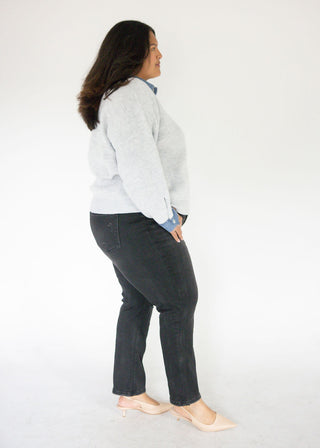Denim Collar Textured Knit Pullover Top – Heather Grey