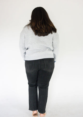 Denim Collar Textured Knit Pullover Top – Heather Grey