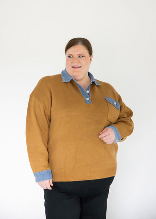 Denim Collar Textured Knit Pullover Top – Taupe