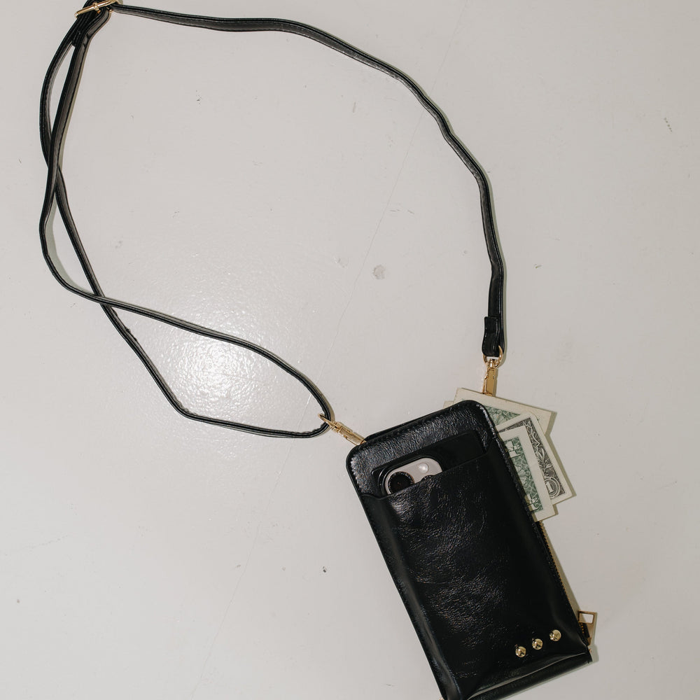 Black phone case with a lanyard on a white background