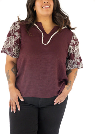 Embroidered Puff Sleeve Woven Top – Wine