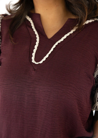 Embroidered Puff Sleeve Woven Top – Wine