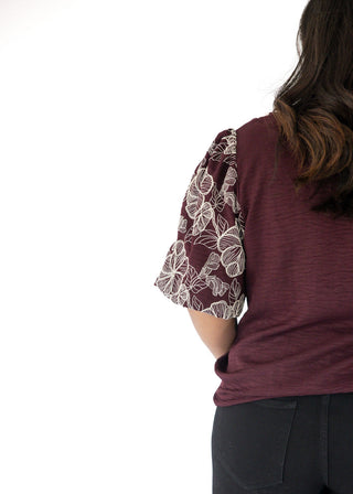 Embroidered Puff Sleeve Woven Top – Wine