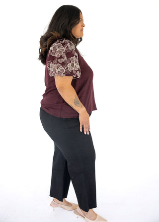 Embroidered Puff Sleeve Woven Top – Wine