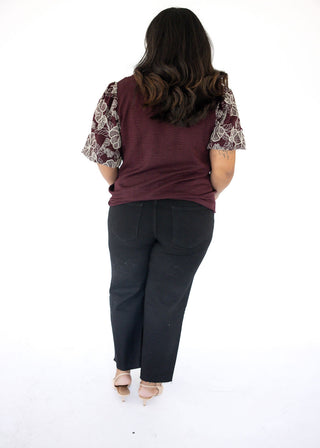 Embroidered Puff Sleeve Woven Top – Wine