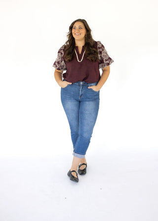 Embroidered Puff Sleeve Woven Top – Wine