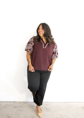Embroidered Puff Sleeve Woven Top – Wine