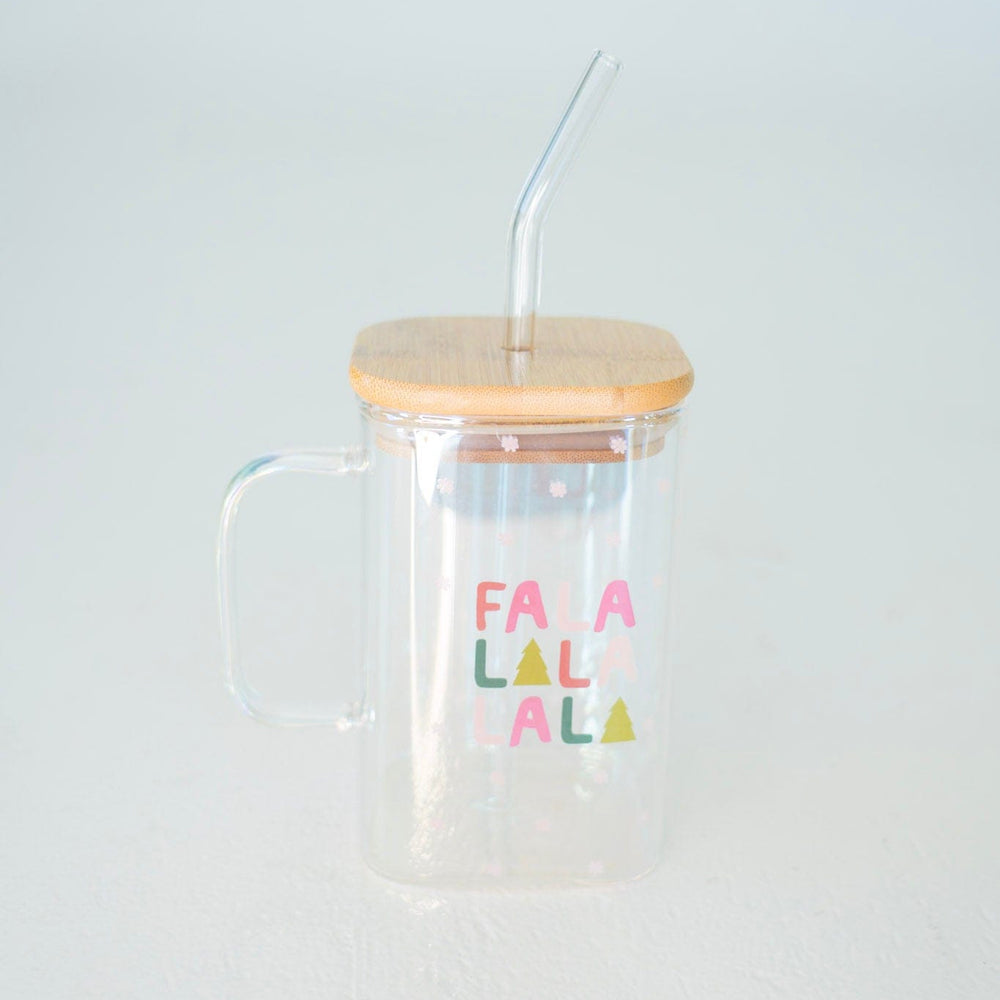 Clear tumbler with wooden lid and straw on a white background Holiday Coffee Cup Glass