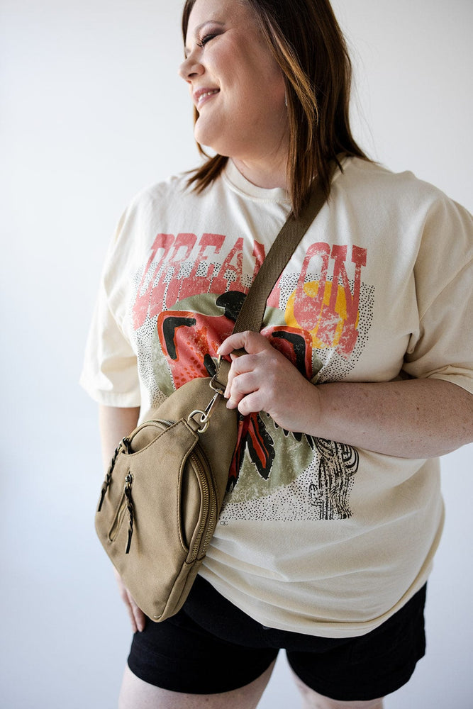 FAUX SUEDE SLING BAG IN OLIVE