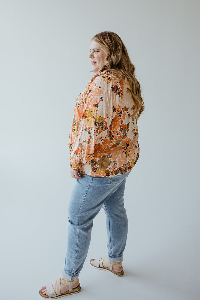 FLORAL SMOCKED SHOULDER BLOUSE WITH CUFFED BUBBLE SLEEVES