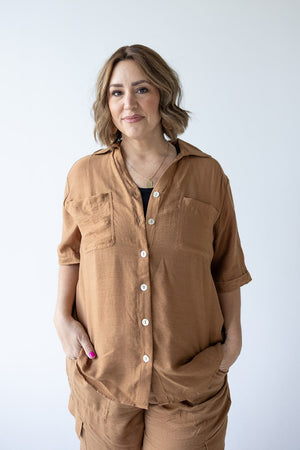 FLOWY BUTTON-UP IN URBAN BRONZE