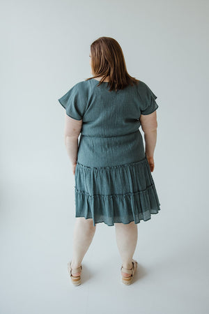 FLUTTER SLEEVE DRESS WITH TIERED SKIRT IN AEGEAN TEAL