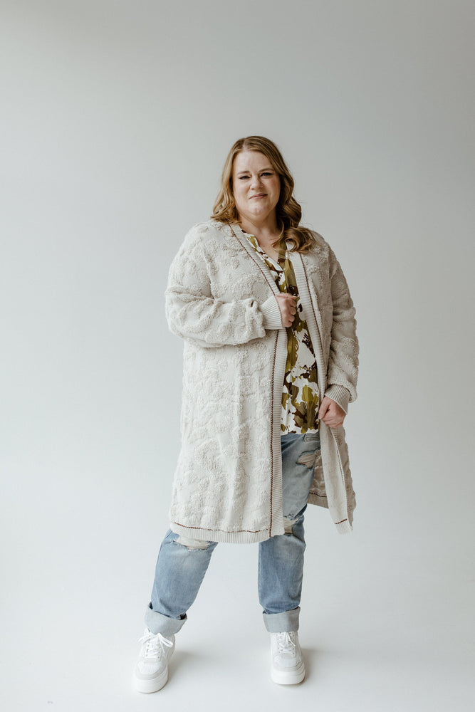 FUZZY ANIMAL PRINT CARDIGAN IN BISCOTTI