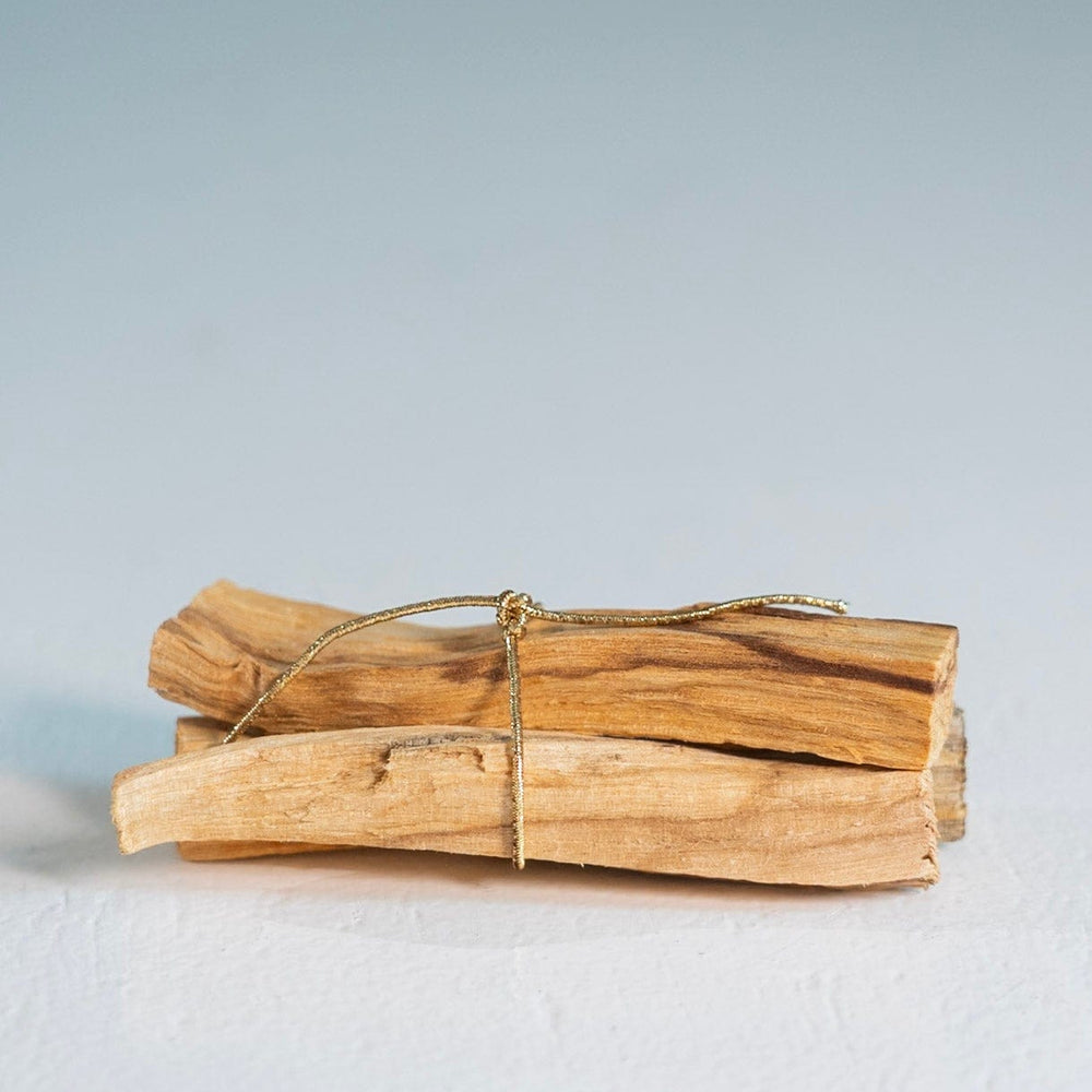 Two bundles of dried palm leaves tied together on a light gray background