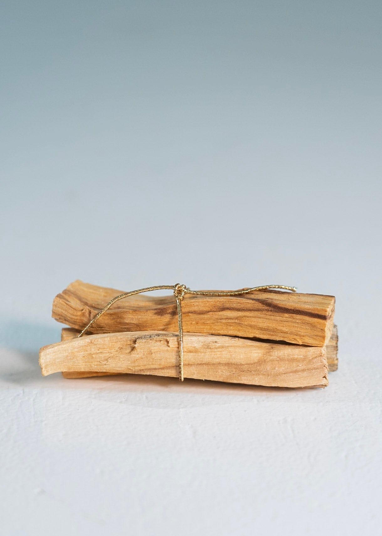 Two bundles of dried palm leaves tied together on a light gray background