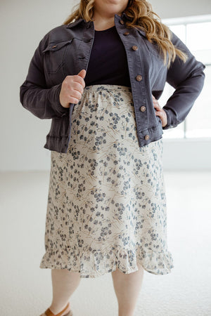 HIGH-LOW RUFFLE KICK HEM SKIRT IN FRENCH BLUE