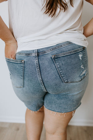 
            
                Load image into Gallery viewer, JUDY BLUE HIGH-RISE PATCHED DISTRESSED SHORTS
            
        